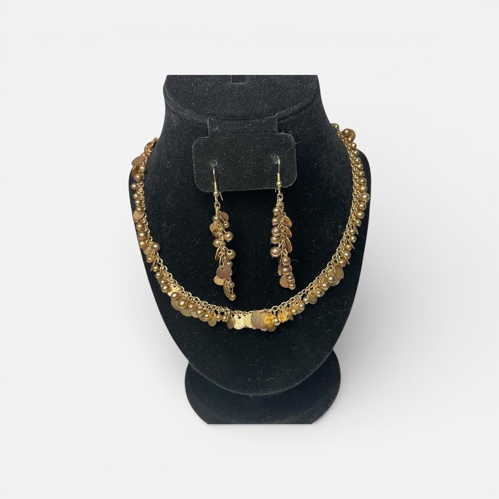 Vintage Gold Tone Coin Disc Necklace & Dangle Earring Set Boho Statement Jewelry